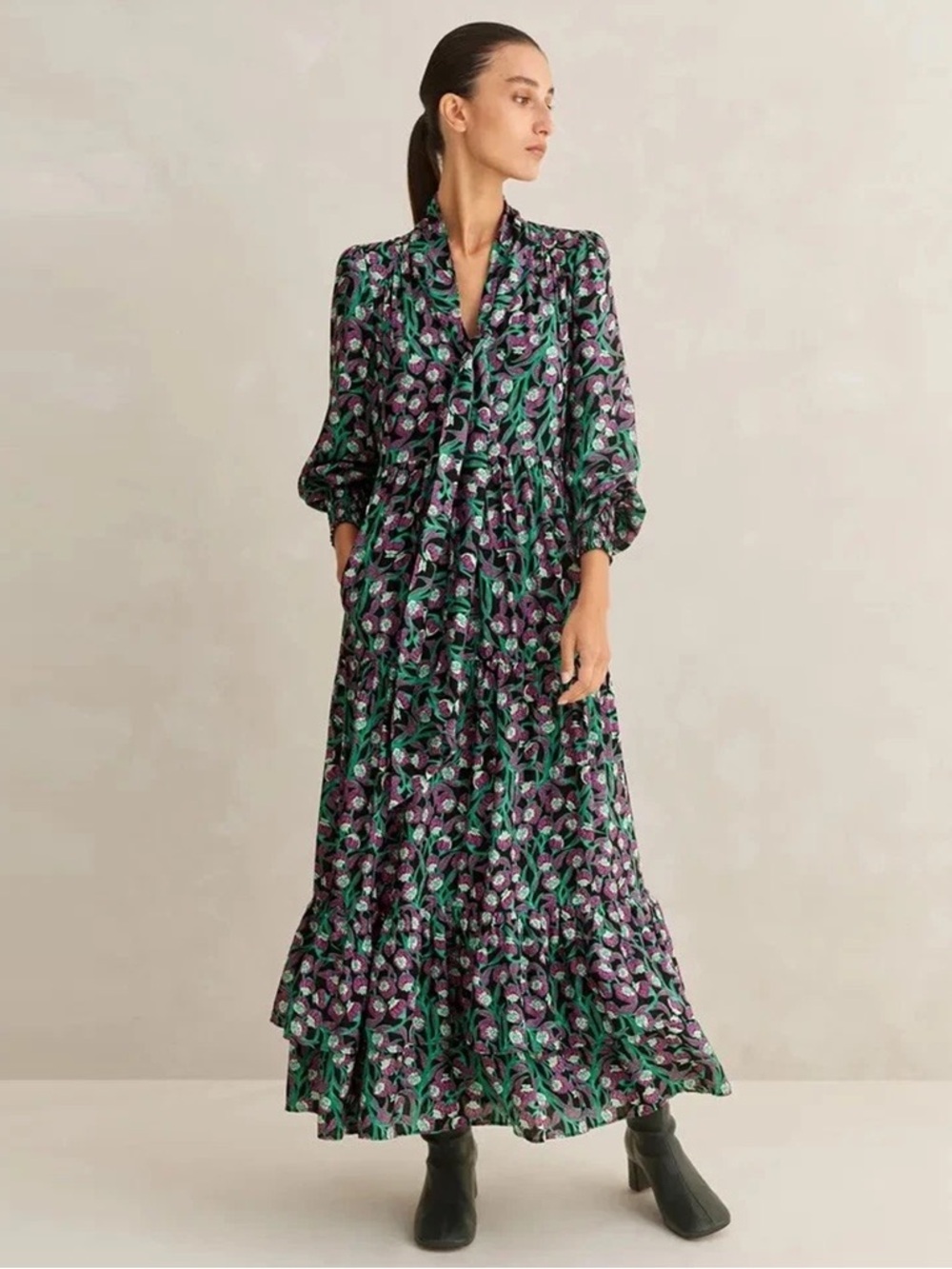 ME+EM - Trailing Flower Print Swing Maxi Dress - Black/Purple/Green